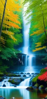 Enchanting forest waterfall wallpaper with vivid colors and serene atmosphere.