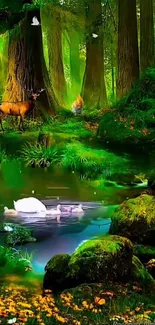 A serene forest scene with deer and swans by the water, under a lush green canopy.