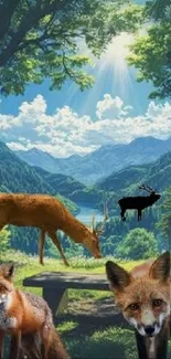 Deer and foxes in a lush forest with mountains.
