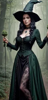 Witch in a dark green dress standing in a mystical forest path.