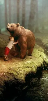 Child embracing bear in a mystical forest.