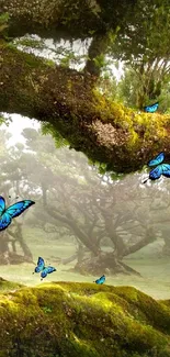 Forest scene with blue butterflies fluttering on mossy branches.