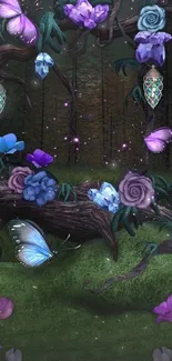 Mystical forest wallpaper with purple butterflies and flowers.