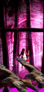 Mystical forest with eagles and a woman in a violet glow.