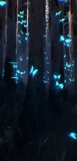 Enchanting dark forest with glowing blue butterflies