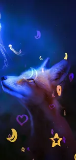 A curious fox gazing at a glowing jellyfish in a mystical blue forest.