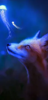 Fox looks at glowing jellyfish in a blue fantasy scene, perfect for mobile.