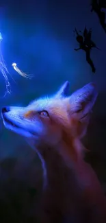 Mystical fox in a blue-lit forest with fantasy elements.