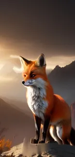 A majestic fox standing watch at sunrise with mountains in the background.