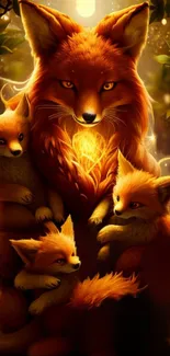 Enchanting orange fox family in a forest setting for mobile wallpaper.