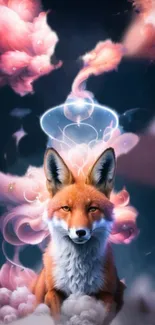 Enchanting fox surrounded by pink clouds in a mystical fantasy setting.