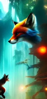 Fantasy artwork with vibrant foxes in a mystical forest landscape.