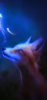 A fox gazes at a glowing jellyfish in a dark, enchanting night setting.