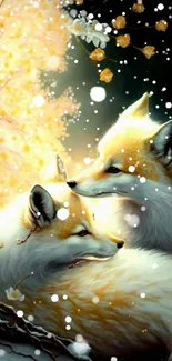 Two foxes nestled amid blossoms under a starry sky.