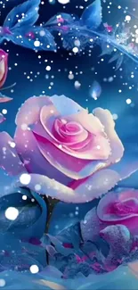 Enchanting wallpaper with pink roses in an icy blue setting.