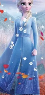 Frozen character in blue dress with autumn leaves and fantasy forest background.