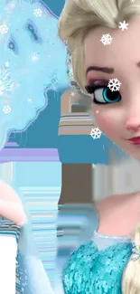 Animated ice princess with snowflakes, in sky blue dress and blonde braid.