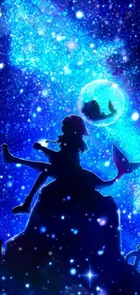 Silhouette of girl against starry galaxy background with a moon.