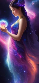 A mystical figure in cosmic-themed galaxy wallpaper with vibrant colors.