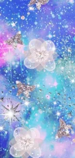 A dreamy galaxy wallpaper with flowers and stars.