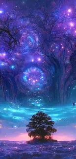 Mystical galaxy-themed forest wallpaper with vibrant purple and blue hues.