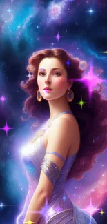 Celestial goddess in a vibrant galaxy scene mobile wallpaper.