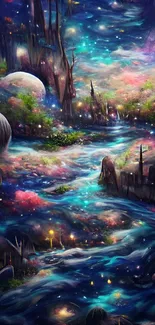 Surreal galaxy river with vibrant colors in a fantasy landscape.