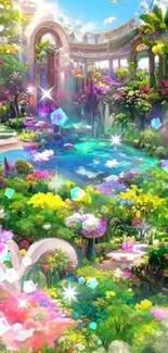 Fantasy garden wallpaper with vibrant colors and lush greenery.