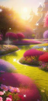 Fantasy garden with colorful blooms and sunlight in a mesmerizing landscape.