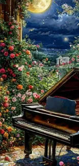 Grand piano in blooming garden under the moonlight.