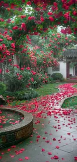 Serene garden path with red blossoms.