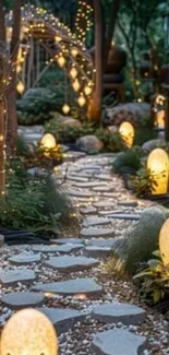 Dimly lit garden path with glowing lights at night.