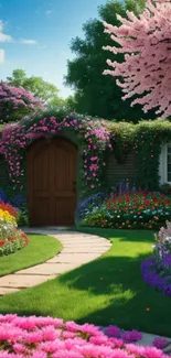 Vibrant garden with flowers and wooden door.