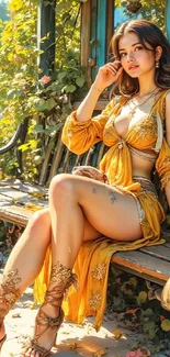 A woman in a golden outfit sitting in a lush garden setting.