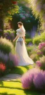 A graceful figure in a lush, colorful garden setting wallpaper.