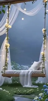 A dreamy garden swing adorned with flowers and soft drapes under night sky.