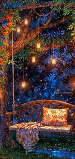 Enchanting swing with lanterns in a night garden scene.