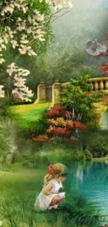 Beautiful garden scene with pond and bridge for phone wallpaper.