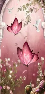 Romantic garden wallpaper with pink butterflies and floral arches.