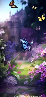 Magical garden with butterflies and castle in dreamy floral setting.