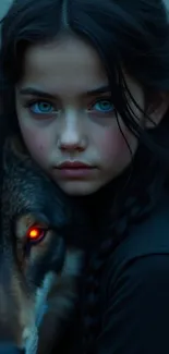 Girl with blue eyes and a wolf in an enchanting mobile wallpaper.