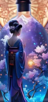 A geisha in a bottle, surrounded by sakura blossoms, with a mystical blue background.