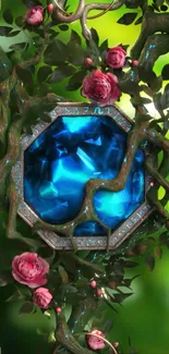A blue gemstone surrounded by vines and pink roses on a lush green background.