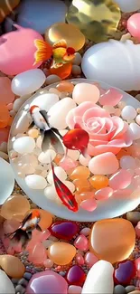 Colorful fish swim around stones and a pink rose.