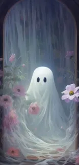 A ghost floats amid flowers in a magical setting.