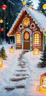 Gingerbread house with snowy path and festive lanterns in a winter forest.