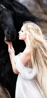 Blonde woman gently touches a black horse in an elegant outdoor scene.