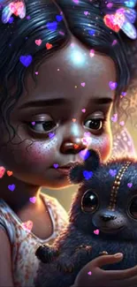 Enchanting girl with fairy creature under glowing lights in a magical setting.