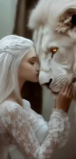 A girl tenderly touching a white lion's face, creating a serene fantasy moment.