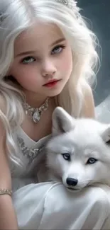 Enchanting girl with white wolf in dreamy art scene.